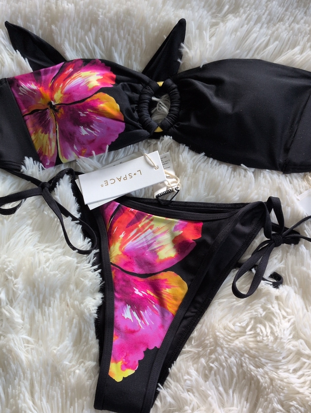 l*space Black Bikini with Pink & Yellow Floral Panels- NWT